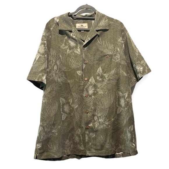 📚Island Shores • Men's Green Silk Tropical Classic Button Up Hawaiian Shirt - S - Picture 1 of 5
